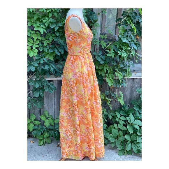 1950s Chiffon Formal Gown Dress Maxi Floral Tangerine Pink Yellow Sleeveless - Picture 9 of 16